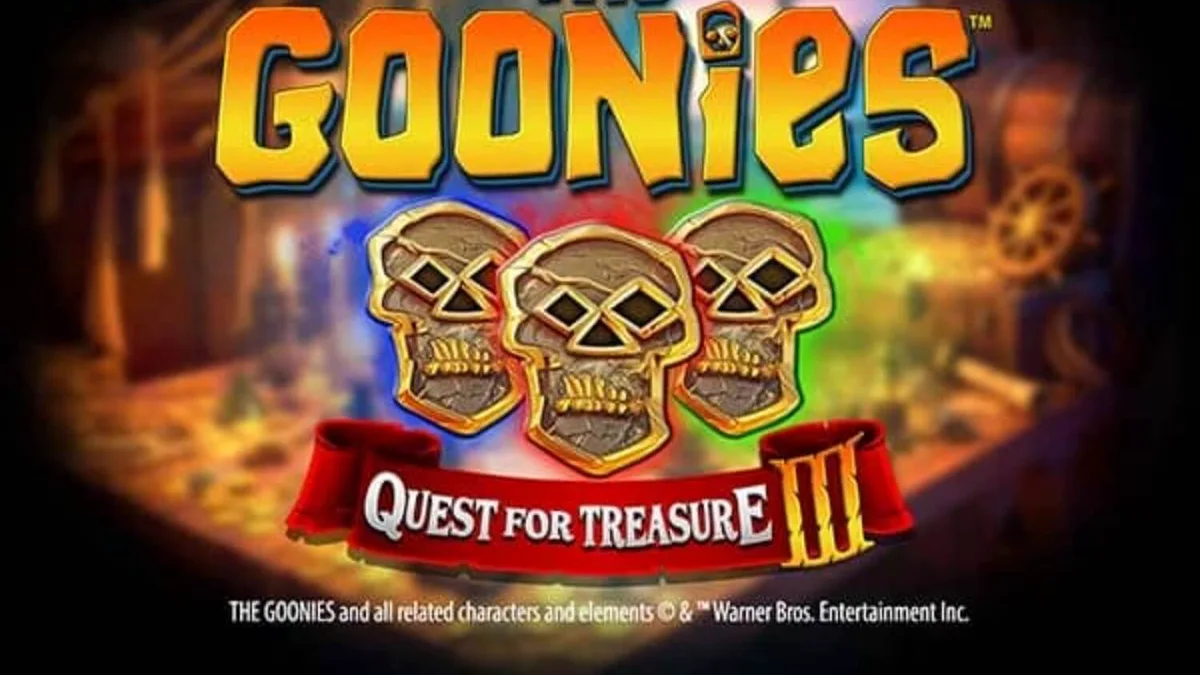 The Goonies Quest for Treasure 3 slot game interface featuring iconic characters