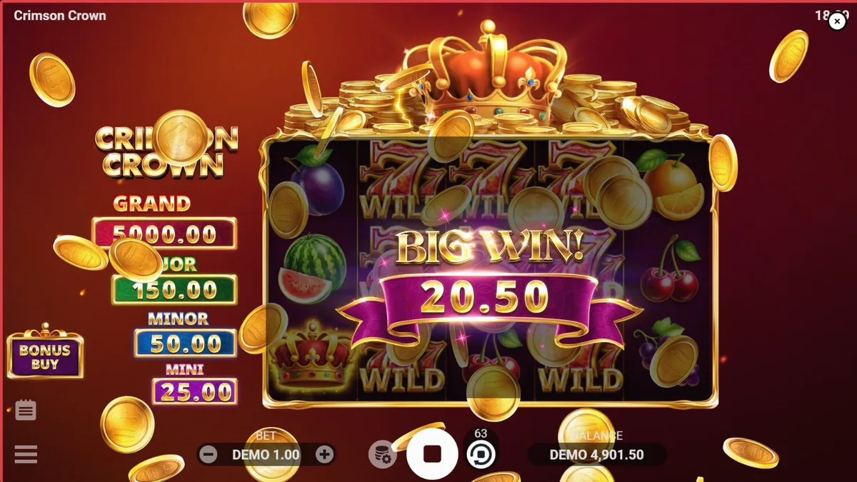 Tampilan visual slot Crimson Crown dengan tema mahkota dan buah-buahan mewah